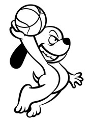 Cartoon illustration of Dog dunking a Ball to basket at streetball competition. Best for mascot, outline, and coloring book with basketball themes