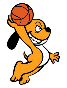 Cartoon illustration of Dog dunking a Ball to basket at streetball competition. Best for mascot, logo, and sticker with basketball themes