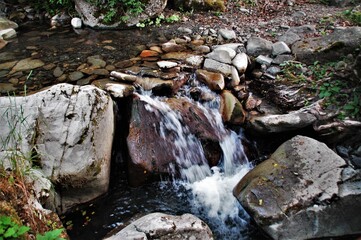 fiumiciattolo di montagna che scorre lungo una piccola cascata