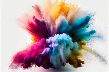 A colourful powder explosion on a white background. 