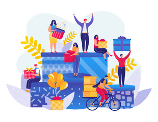 Obraz premium Gift box, flat celebration present for happy people, vector illustration. Cartoon man woman character have fun surprise for birthday, anniversary