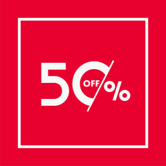 Red discount poster 50% off text. Vector Template Design Illustration.