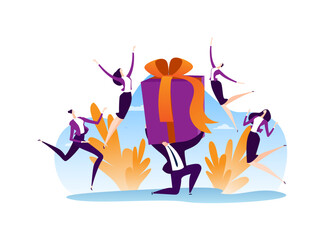 People around man holding flat box gift for woman group concept, vector illustration. Gift present for girl female person character.