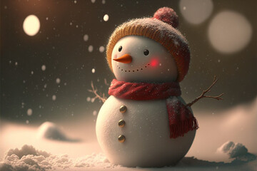 Obraz premium tiny cute snowman standing on snowy field in winter christmas festive.