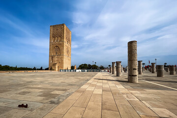 People visiting the Hassan Tower and the columns in Rabat, Morocco