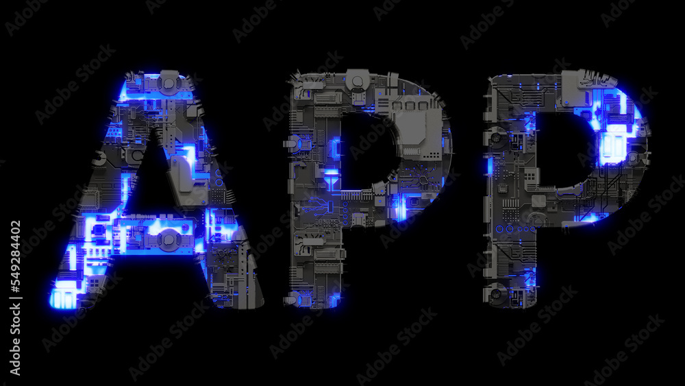 Poster modern cybernetical text app shining blue electrical light, isolated - object 3d rendering