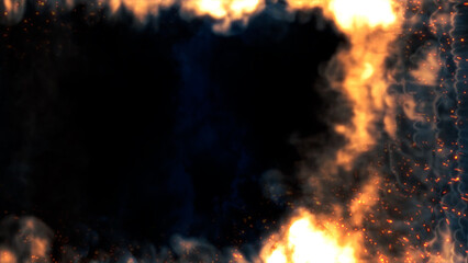 Side frame for content of blue smoke with fire - abstract 3D illustration