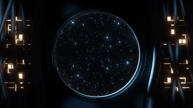 View of a round window with background of stars flying in the universe and rotating circularly seen from inside a spaceship or sci-fi environment. Looping video. 3D rendering