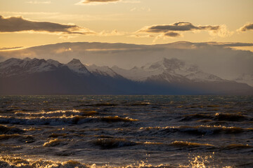 beautiful landscape with mountains and clouds at sunset in Patagonia Argentina.