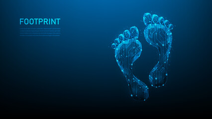 footprint digital technology on blue drak background. biometric identity protection. investigations and traces track chip foot. foot low poly wireframe. vector illustration fantastic hi tech.