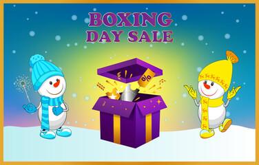 Boxing day, christmas. Bright postcard. Cheerful snowmen with a box and gifts. Vertical. Sale discount.