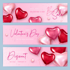 Set of Happy Valentines Day big sale typography banners with pink heart shaped balloons. Vector illustration