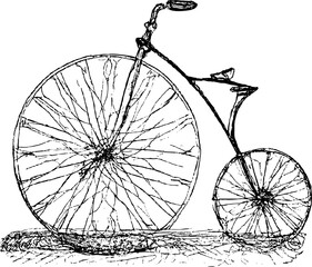 Boneshaker bicycle old style concept roots of the creation of modern bicycles. Black and White with vines and original sketch.