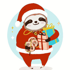 Santa Sloth smiling with a red hat, holding gifts. 