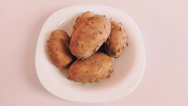 Raw potato food  root vegetable aaloo starchy tuber of the plant Solanum tuberosum freshly harvested muddy organic potatoes alu closeup footage video clip 