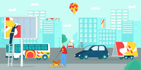 City street with billboard, advertising blank design, vector illustration. Poster at urban banner board, advertisment business outdoor.