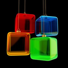 New Year's toys of square shape. Glass Christmas balls. Red, blue, yellow, green. Black background for the alpha channel. A template for a designer. 3D rendering.
