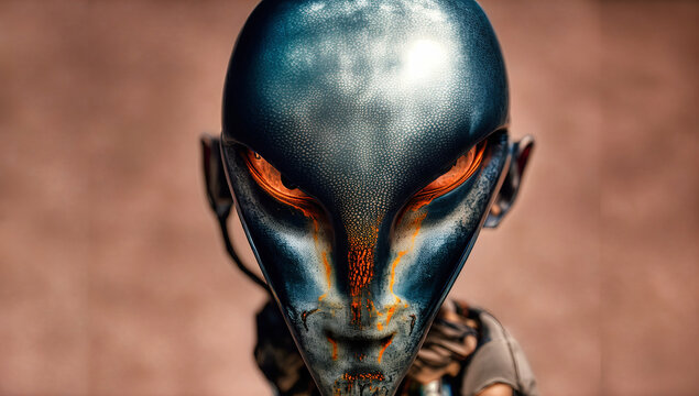 closeup of blue alien head and orange eyes is standing in front of a brown background