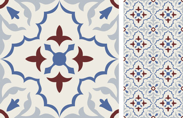Seamless Azulejo tile. Portuguese and Spain decor. Bright ceramic tile from mandalas. Seamless Floral pattern. Vector hand drawn illustration, typical portuguese and spanish tile - 549286263