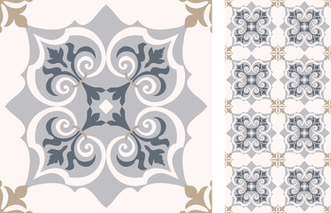 Seamless Azulejo tile. Portuguese and Spain decor. Ceramic tile. Seamless Floral pattern. Vector hand drawn illustration, typical portuguese and spanish tile - 549286272