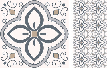 Seamless Azulejo tile. Portuguese and Spain decor. Ceramic tile. Seamless Floral pattern. Vector hand drawn illustration, typical portuguese and spanish tile - 549286288