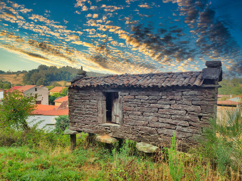 Dry-stone granary called horreo in Lago village, Mazaricos municipality, Way to Saint James, Galicia, Spain