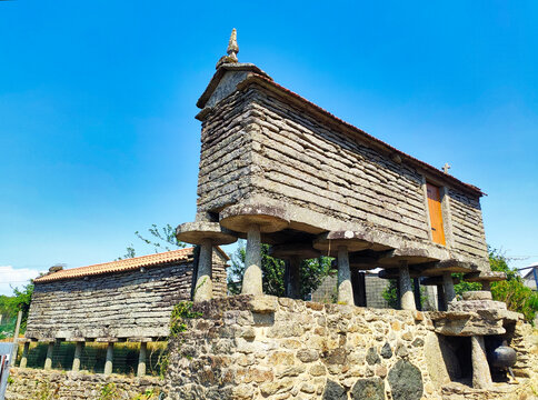 Dry-stone granaries in Olveiroa village, Dumbria municipality, Galicia, Spain