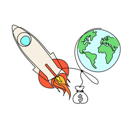 Abstract color rocket with dollar as continuous line drawing on white background