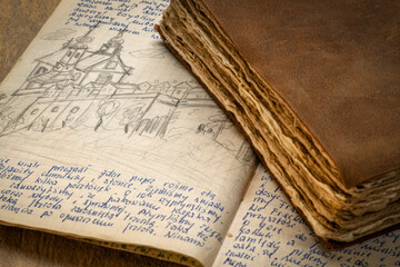 detail from a 1970s vintage travel journal with handwriting and pencil sketches (property release...