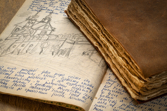 detail from a 1970s vintage travel journal with handwriting and pencil sketches (property release attached) and a retro leather-bound diary