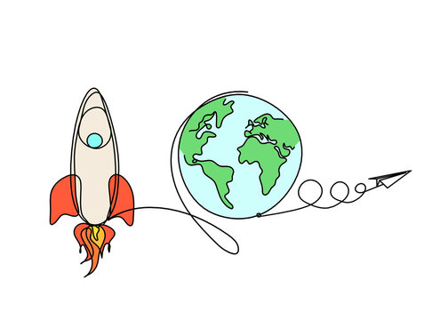 Abstract color rocket with paper plane as continuous line drawing on white background