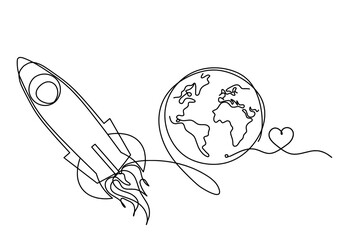 Abstract color rocket with heart as continuous line drawing on white background