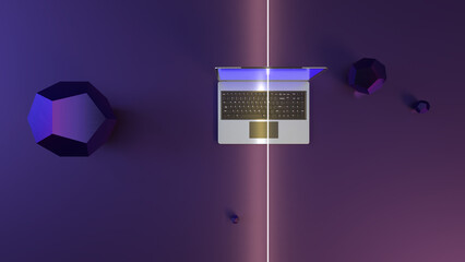 Notebook Computer 3D Rendering mit Lichtstrahl