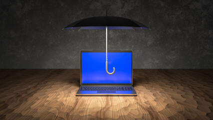 Notebook Computer 3D Rendering mit Abwehr Schutzschirm Sicherheitskonzept gegen Hackerangriffe, Viren und Trojaner
