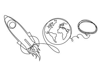 Abstract color rocket with comment as continuous line drawing on white background