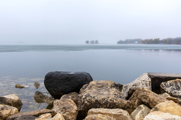 Looking out onto Pewaukee Lake on a foggy March morning.