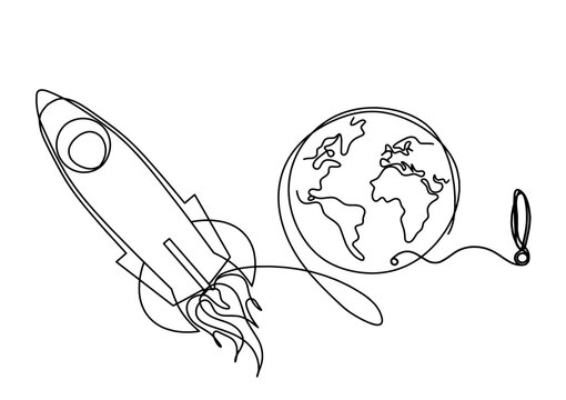 Abstract color rocket with exclamation mark as continuous line drawing on white background
