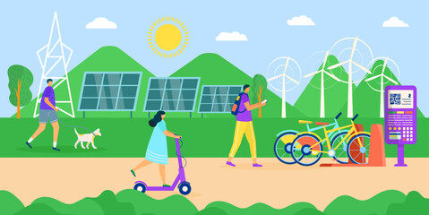 Eco energy at urban park concept, vector illustration. People man woman character use ecological energy outdoor, ride bicycle at modern street.