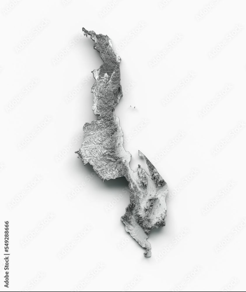 Poster vertical shot of a 3d rendering of the map of malawi on a white background
