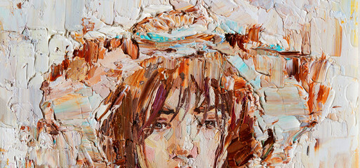 The painting is created in oil with expressive brush strokes. A young girl in the straw hat is depicted on a white background.