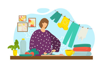 Housewife cok meal dinner at home, vector illustration. Cooking healthy lunch woman at cartoon kitchen, food preparation. Female person characetr