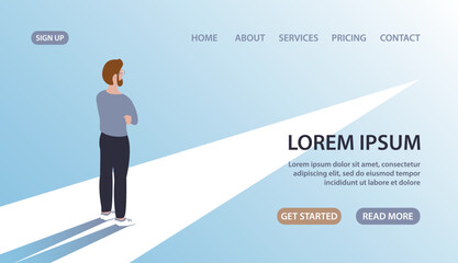 A young man is on his way to new opportunities. Choice of career, work and future. Abstract concept. Design for banner, website. Vector flat illustration background
