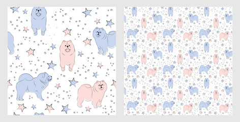 Pattern design with funny chow chow dogs doodles, sketch style, seamless pattern.  textile, wrapping paper, blue background graphic design. Wallpaper for Babies and kids. Blue and Pink linen style.