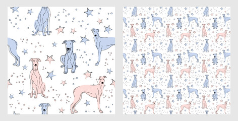 Pattern design with funny Greyhound dogs doodles, sketch style, seamless pattern.  textile, wrapping paper, blue background graphic design. Wallpaper for Babies and kids. Blue and Pink linen style.