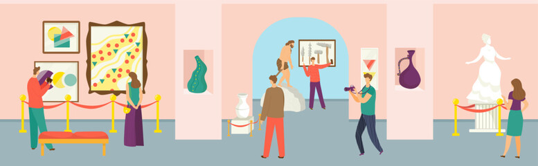 Museum concept, vector illustration. Flat people man woman character at art exhibition, gallery exposition interior design. Culture painting artwork