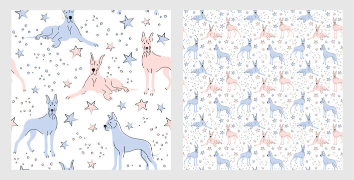 Pattern design with funny Great Dane dogs doodles, sketch style, seamless pattern.  textile, wrapping paper, blue background graphic design. Wallpaper for Babies and kids. Blue and Pink linen style.