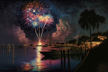Fireworks Over Key West at Night, AI Generated Illustration - obrazy, fototapety, plakaty