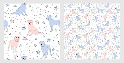 Pattern design with funny Mutt, mongre dogs doodles, sketch style, seamless pattern.  textile, wrapping paper, blue background graphic design. Wallpaper for Babies and kids. Blue and Pink linen style.