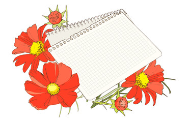 notebook and red flowers isolated, illustration