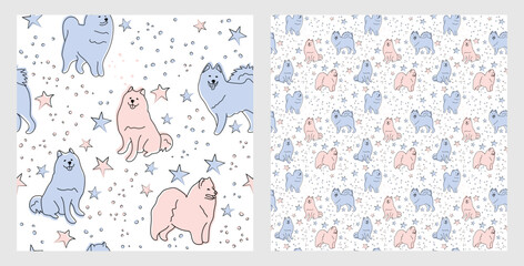 Pattern design with funny Samoyed dogs doodles, sketch style, seamless pattern.  textile, wrapping paper, blue background graphic design. Wallpaper for Babies and kids. Blue and Pink linen style.